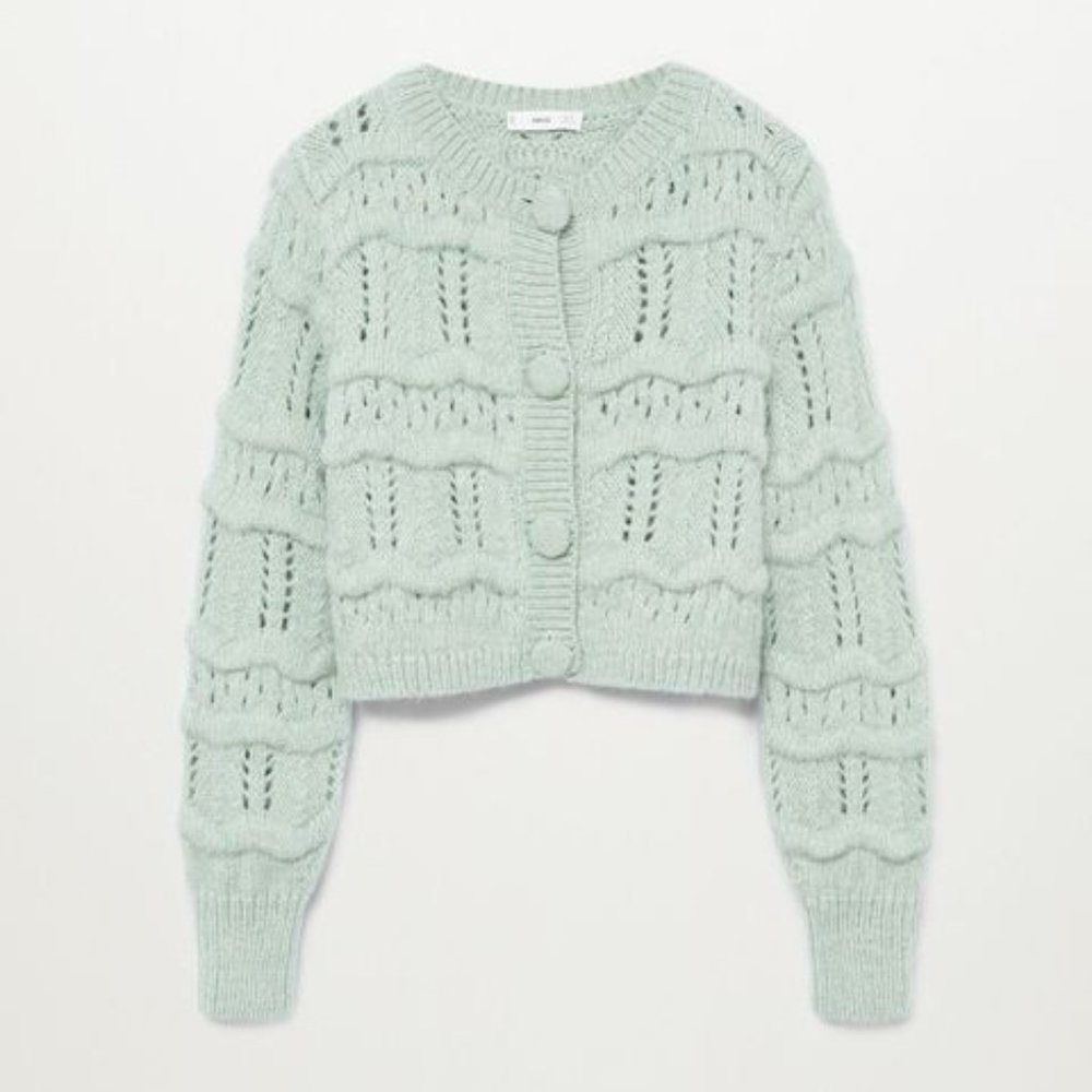 MANGO Chunky Knit Cable Cropped Cardigan in Turquoise Mint